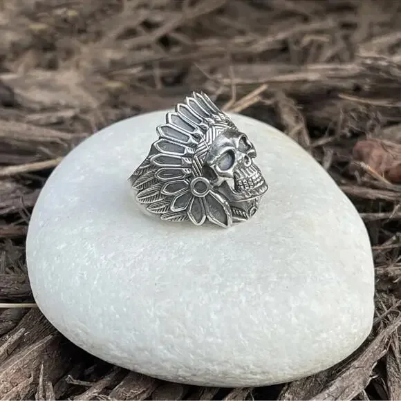 Mens Biker hotrod sterling silver native American chief indian skull ring size 9 - Picture 2 of 5